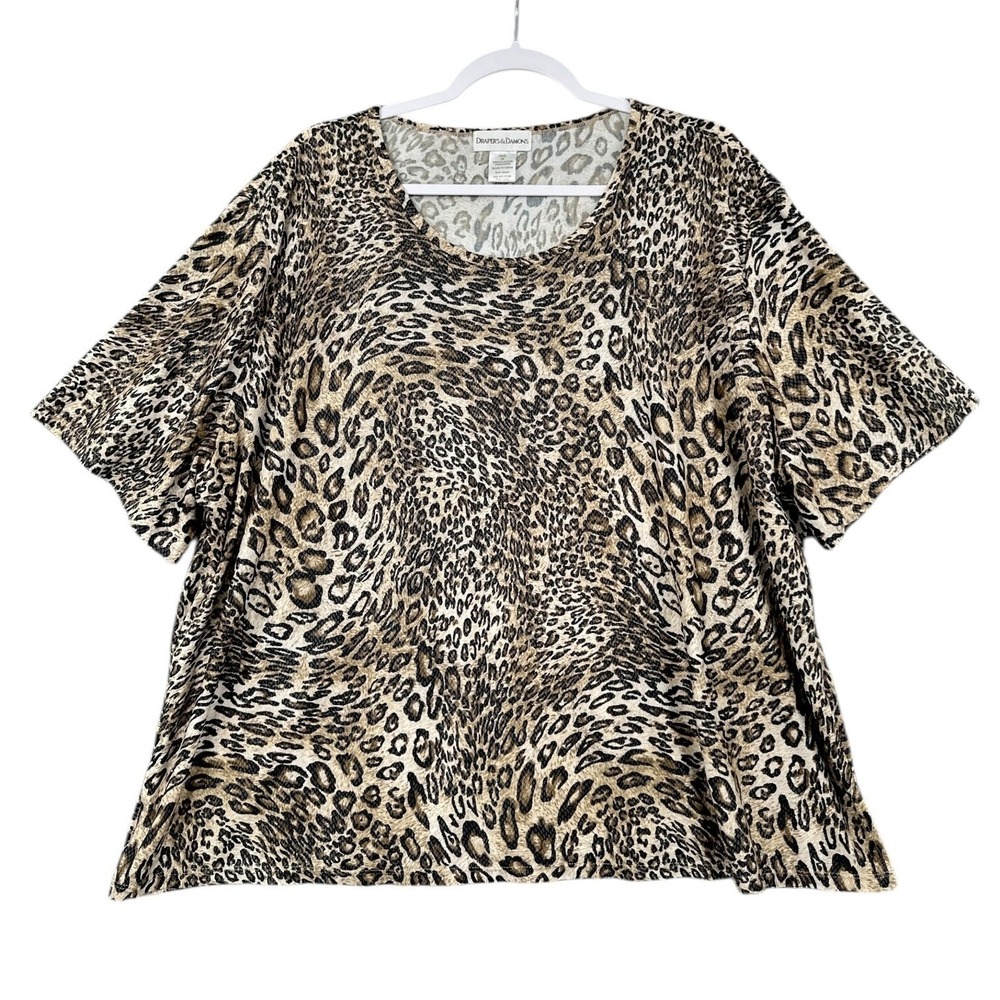 Draper's & Damons Leopard Print Top Women 3X Polyester Spandex Tan Brown
